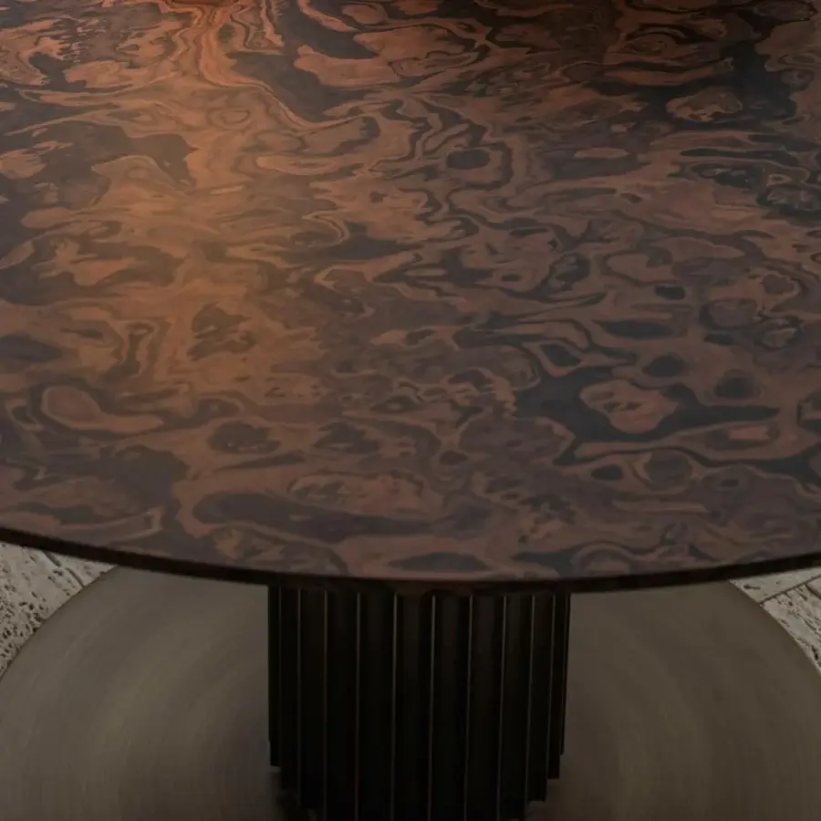Distinguished Rugiano Liberty Bistrot table with a swirling brown wood top and bronze finished metal bars built with a glossy finish