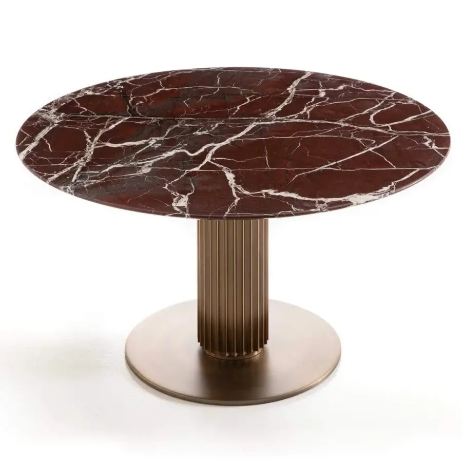 Exclusive Rugiano Liberty Bistrot table with a dark red marble top and bronze finished aluminum extrusion base