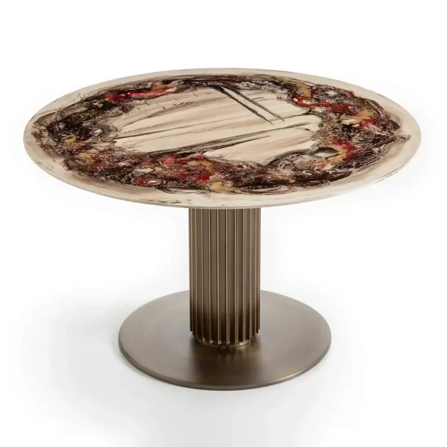 Distinguished Rugiano Liberty Bistrot table with swirling brown, beige, reddish tones and glossy coated tabletop crafted in bronze aluminum extrusion