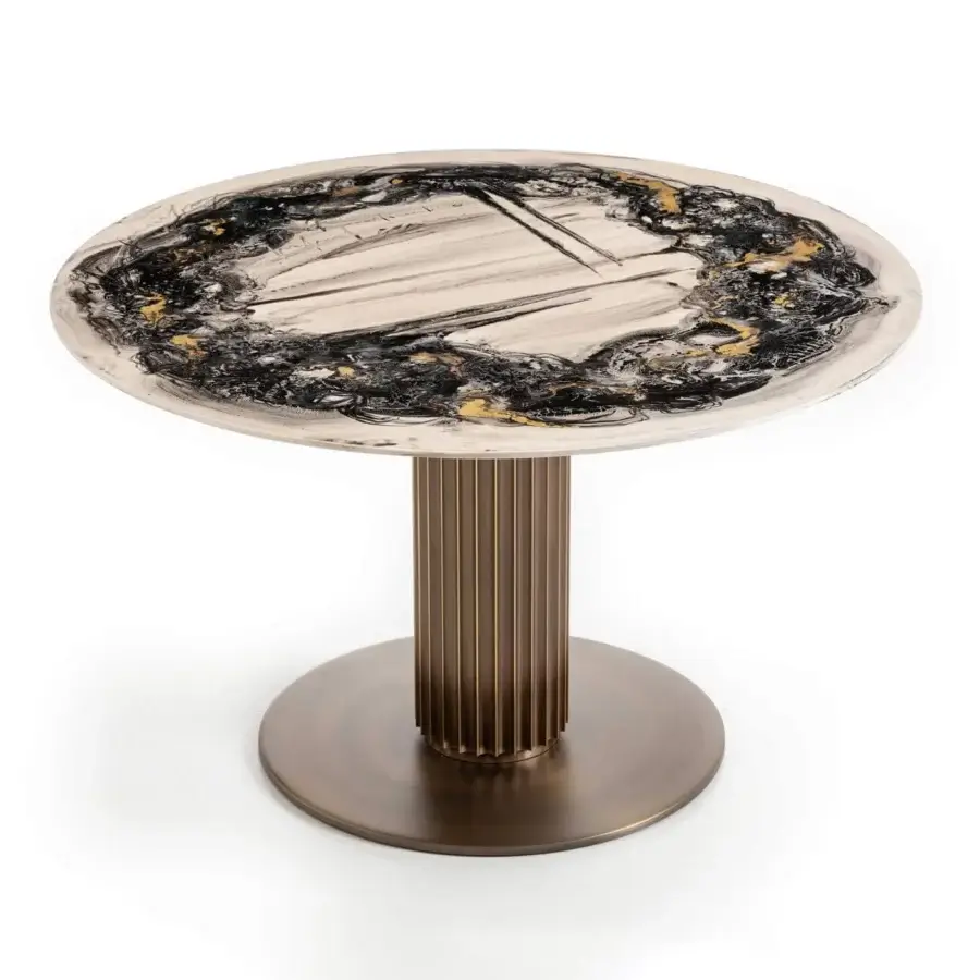 Superior Rugiano Liberty Bistrot table with black, white and gold painted tabletop in bronze finished aluminum extrusion base