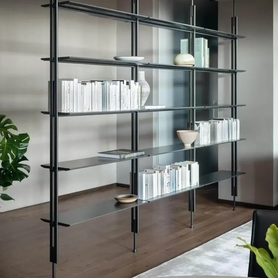 Distinguished Bonaldo Roll bookcase with black metal poles supporting dark grey metal shelves creates a minimalist framework