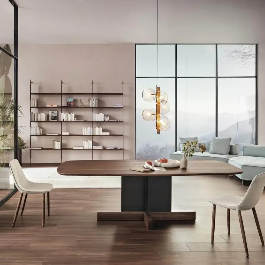Superior Bonaldo Roll bookcase with lead-finished metal tubes supporting medium-brown wood shelves and a box module