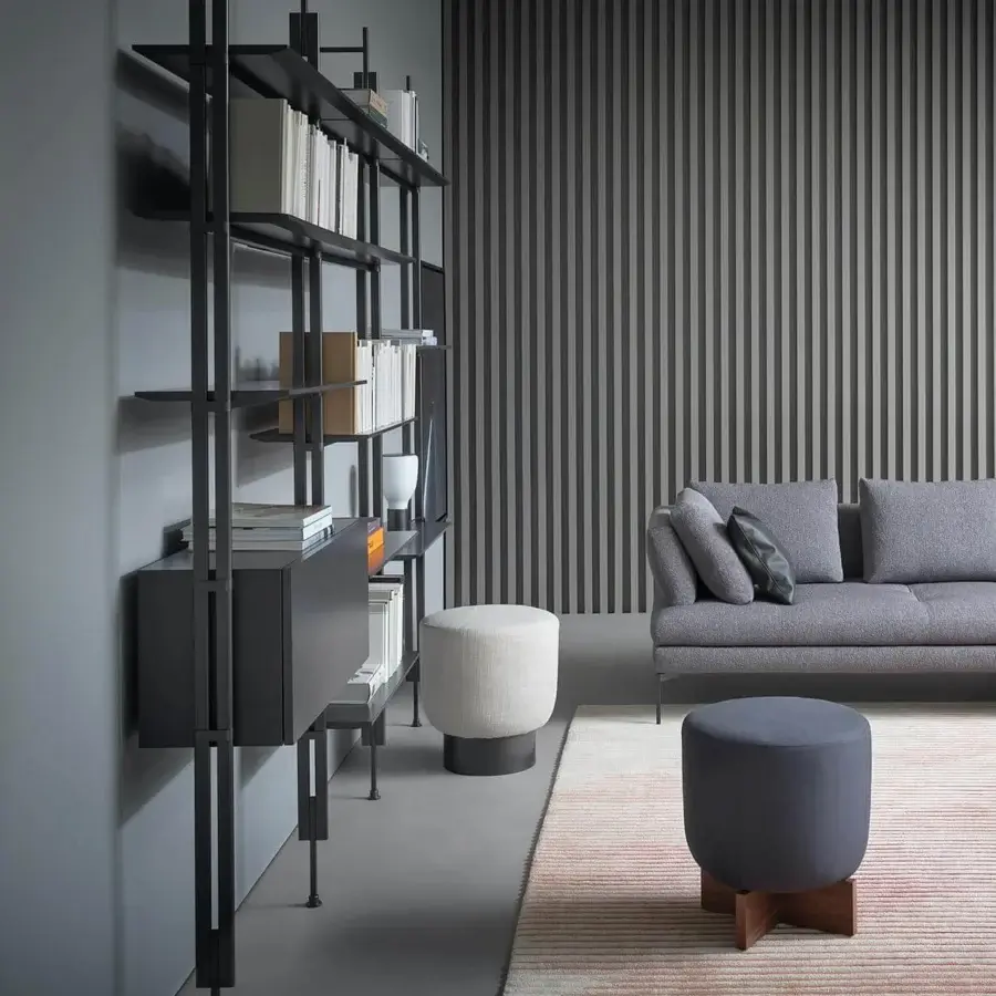 Superior Bonaldo Roll Wall-Fixing bookcase with matte black metal frame and coordinating wood shelves crafted in Italy
