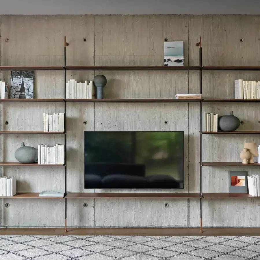 Distinguished Bonaldo Roll TV Stand with warm brown wood shelves and sleek black metal framework with copper connection points in a matte finish