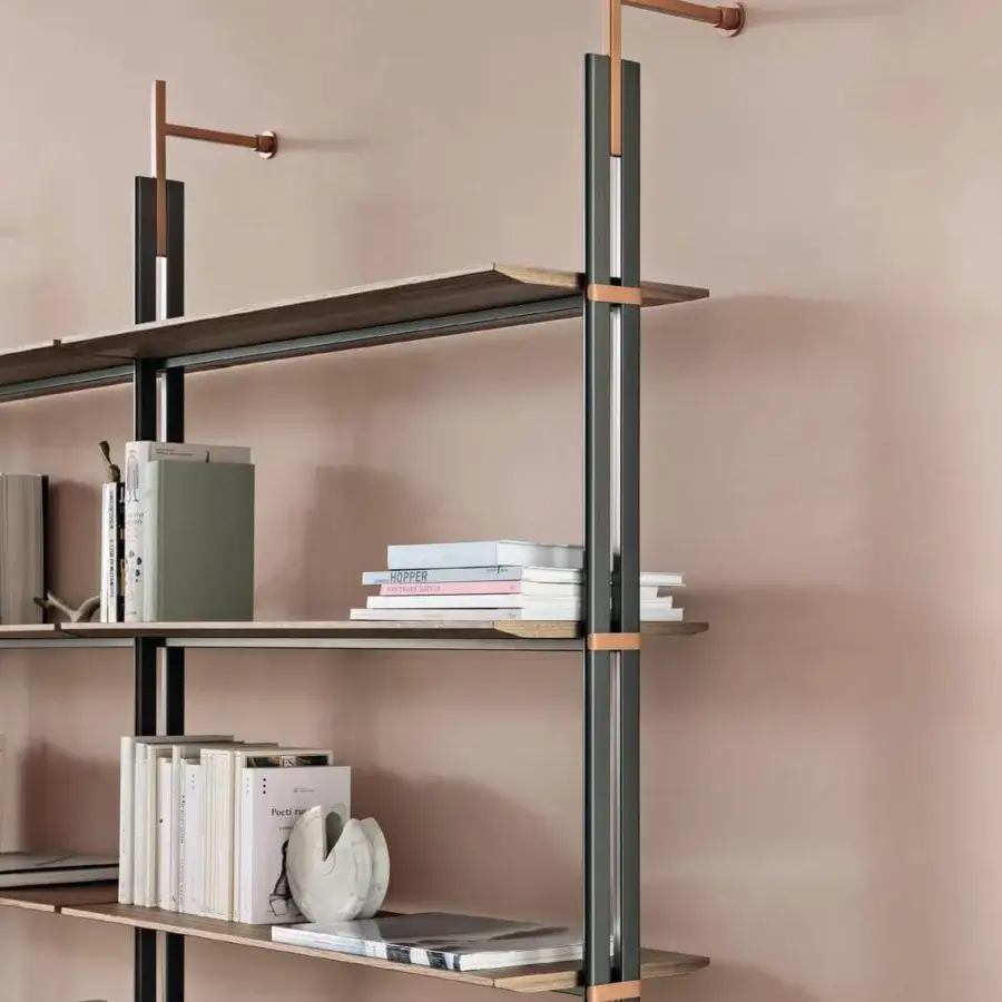 Exceptional Bonaldo Roll TV Stand with dark-toned metal supports, wood shelves displaying a visible grain and refined detailing