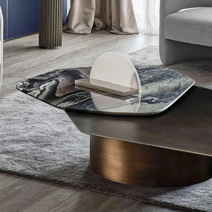 Distinguished Rugiano Incanto coffee table with bronzed brass base and irregular tiers in hammered bronze plus glossy gray marble-like surface