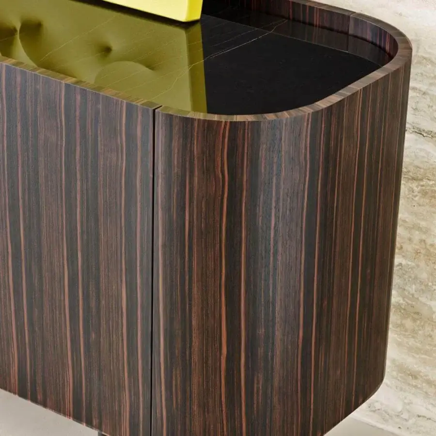 Distinguished Rugiano Frak sideboard with ebony structure and brass feet exhibiting a glossy dark brown finish and dark top surface