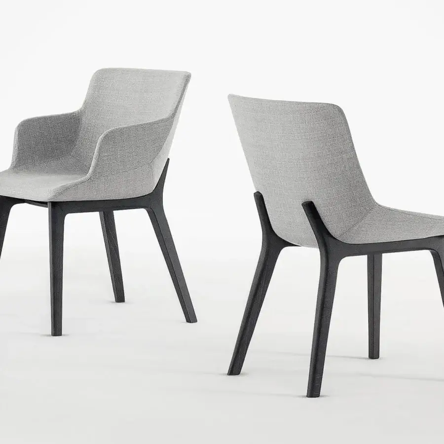 Elegant Bonaldo Artika Wood chair with a light gray woven textile seat and back, built with coal painted ash wood legs