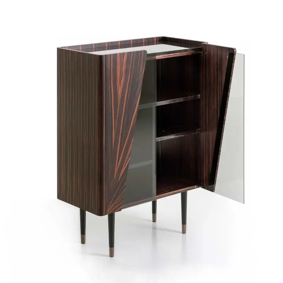 Exceptional Rugiano Frak cupboard with ebony structure, glass door and striped grain, elevated with brass feet