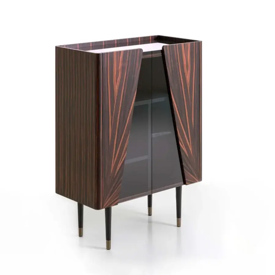 Distinguished Rugiano Frak cupboard with ebony structure, glass doors and stylish brass feet