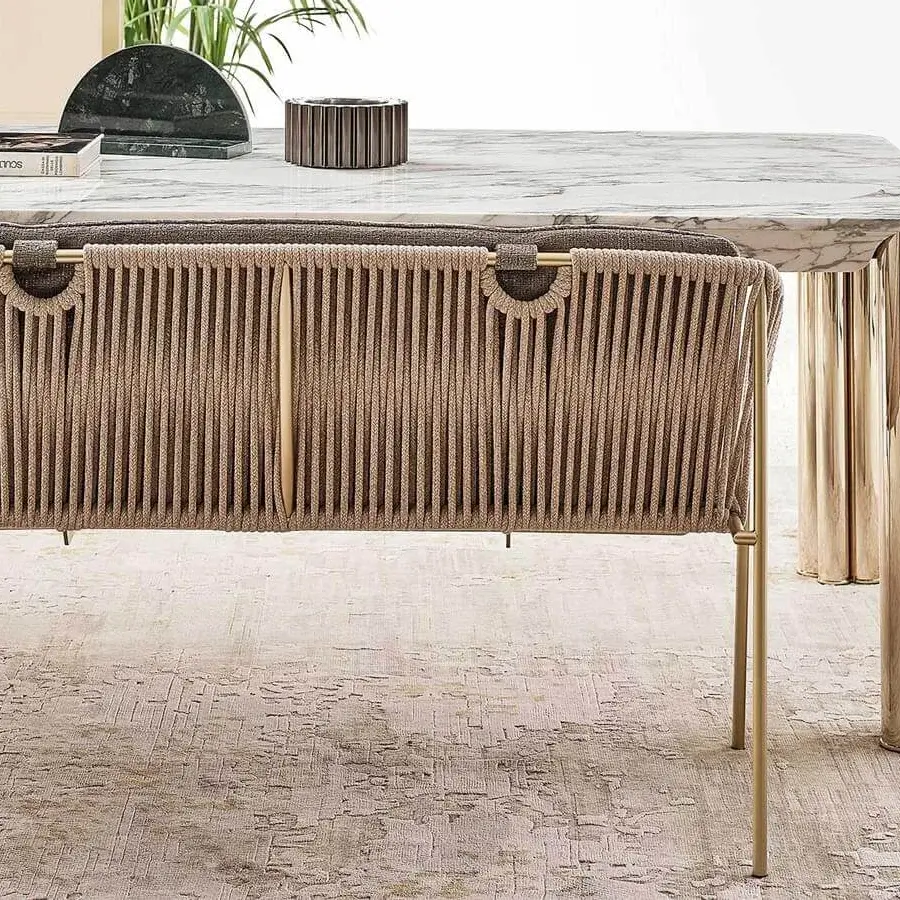 Distinguished Rugiano Demetra bench with woven light brown rope and bronze finished tubular metal structure