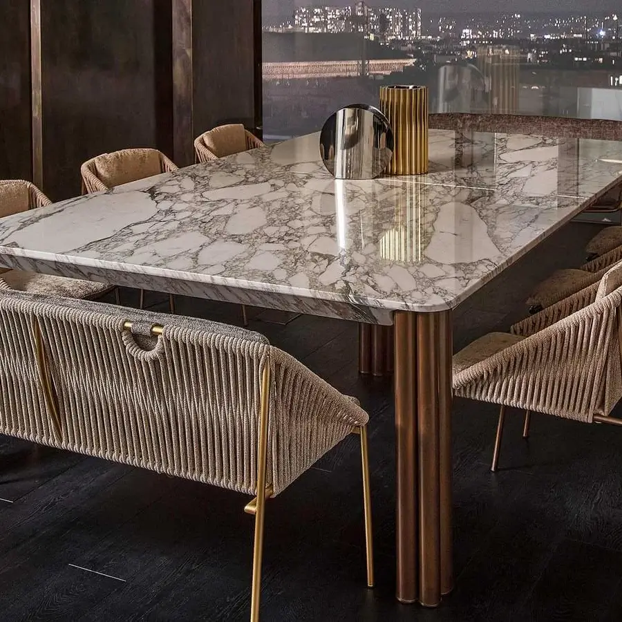 Superior Rugiano Demetra bench with light beige woven rope and tubular bronze finished metal structure