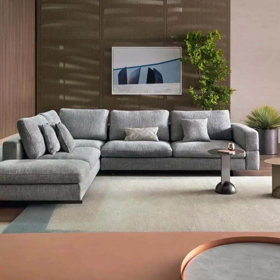 Exceptional Bonaldo Ever More sectional with plush cushions upholstered in matte medium gray textile and dark base