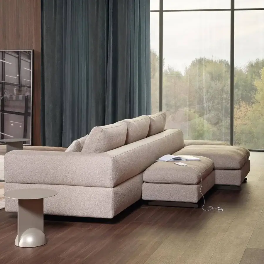 Superior Bonaldo Ever More sectional with modern linear design upholstered in light beige textured textile with matt painted metal feet
