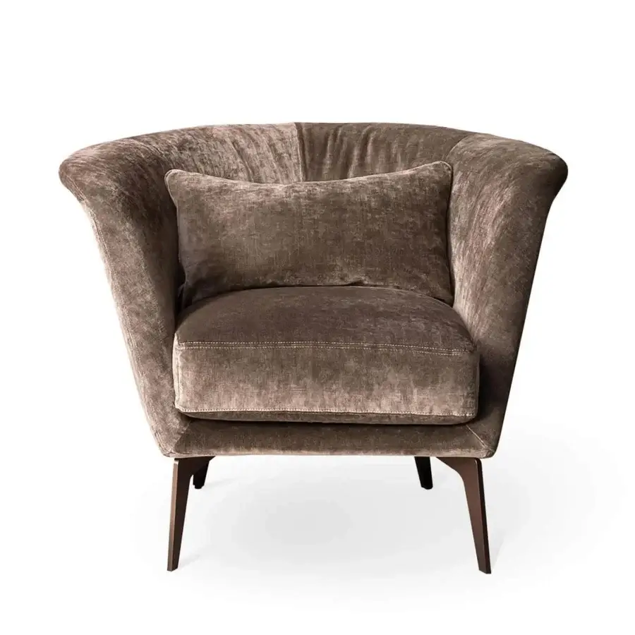 Distinguished Bonaldo Lovy lounge chair with a semi-oval shape upholstered in deep brown textile with a matte finish and painted metal feet