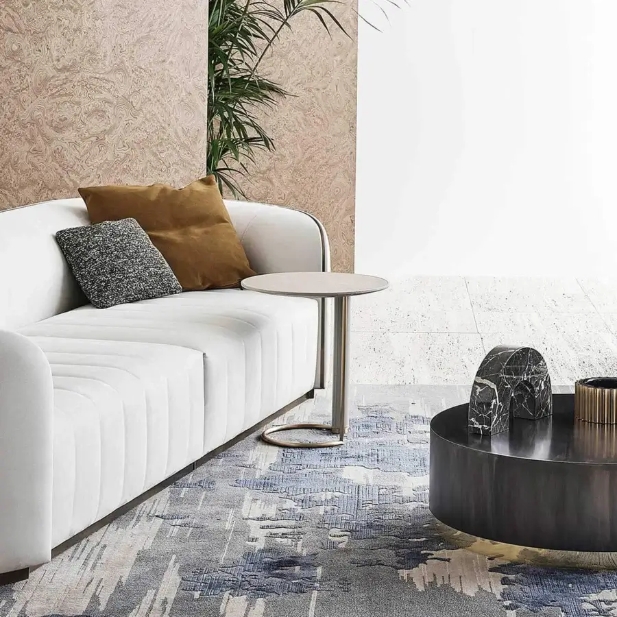 Exceptional Rugiano Opale side table with light tabletop and brushed brass base crafted in Italy with leather leg