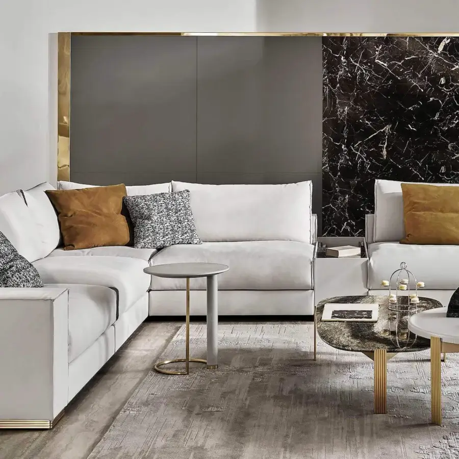 Elegant Rugiano Opale side table with light gray painted wood and leather, built with a brushed brass base