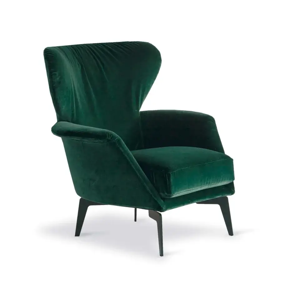 Distinguished Bonaldo Lovy lounge chair with a semi-oval silhouette and high curved back upholstered in rich green textile with sleek matt painted metal legs