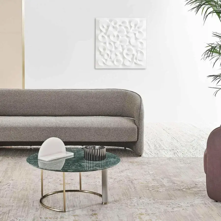 Innovative Rugiano Opale coffee table with a round green top and brushed brass base crafted in light gray and ascending brass legs