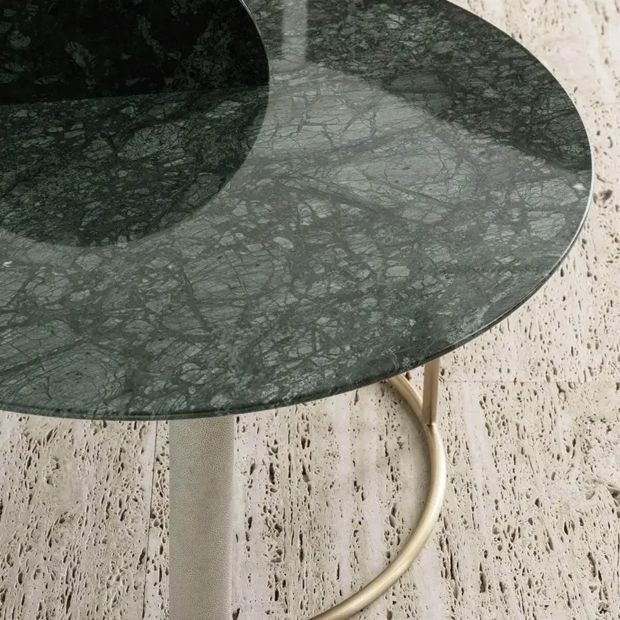 Exceptional Rugiano Opale coffee table with a round green marble top and light textured leather leg crafted with a brushed brass base
