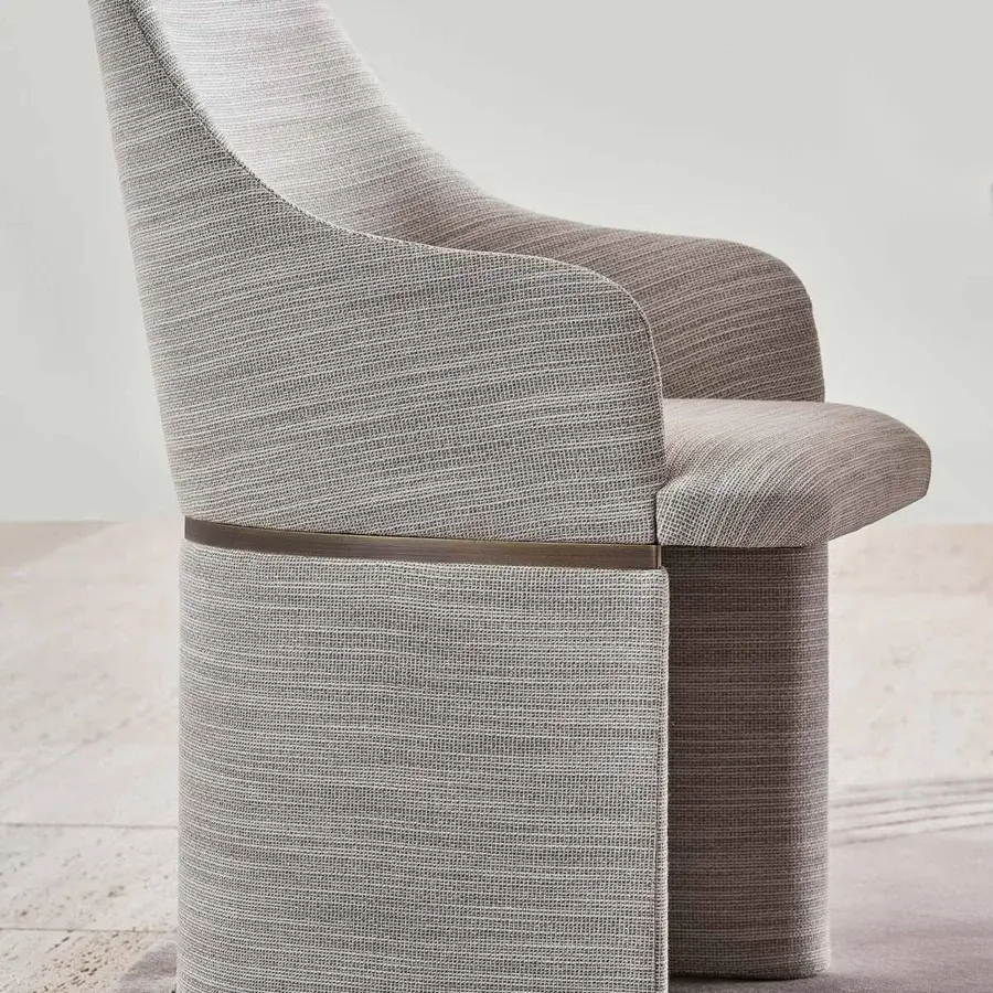 Exclusive Rugiano Giorgia armchair with curved silhouette and woven light gray textile upholstery, built with matte-stained wood accents
