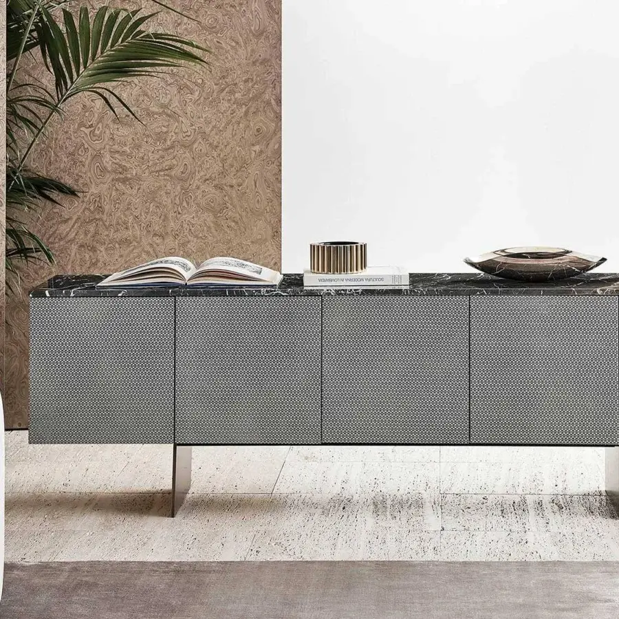 Exceptional Rugiano Penelope sideboard with gray embroidered leather doors and dark Emperador marble top built on a metal base