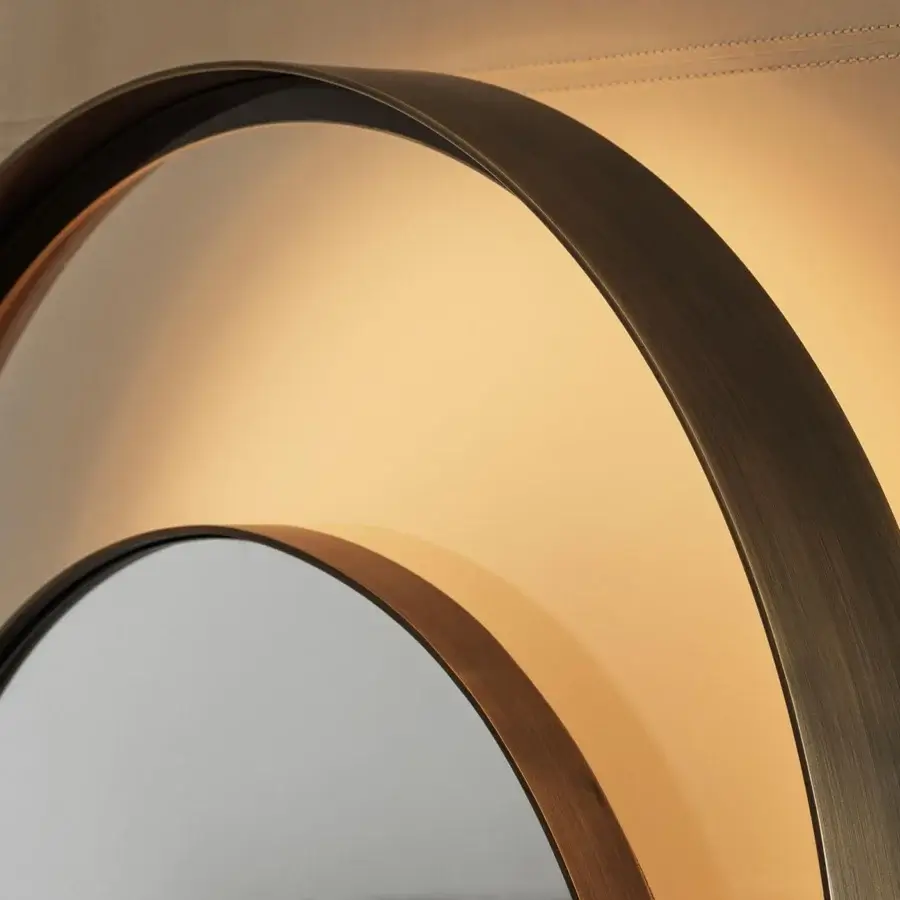 Captivating Rugiano Double Ring mirror with bronzed brass frames and backlit smaller circle for a soft glow