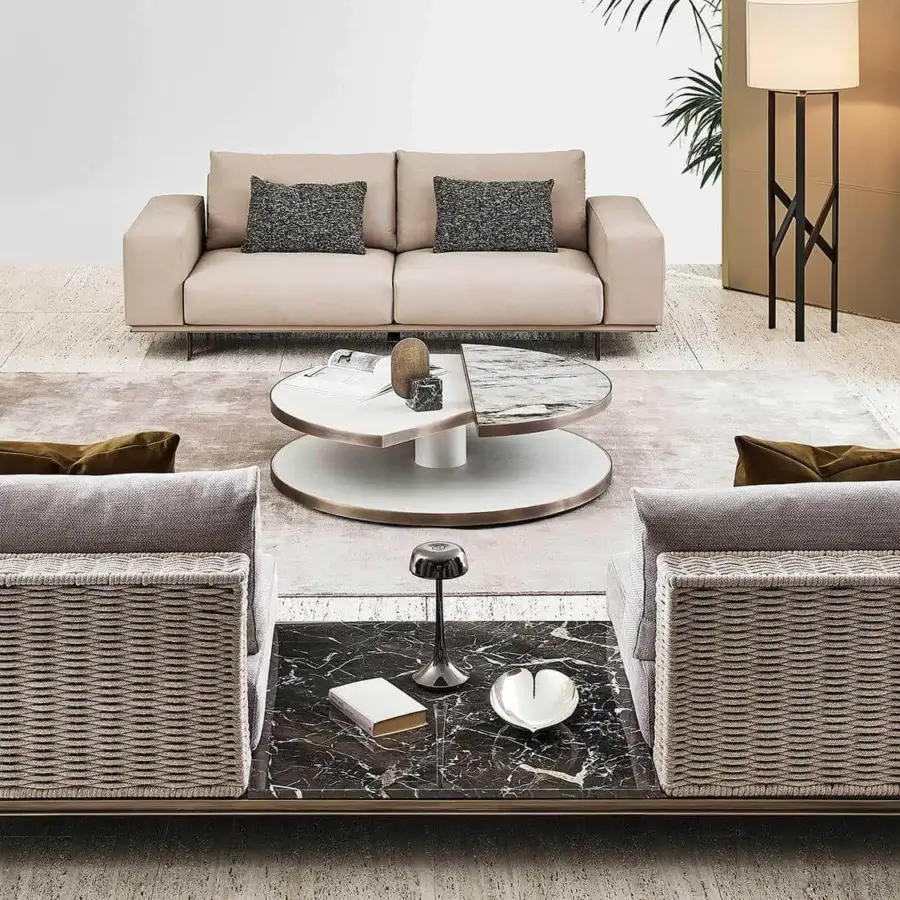 Superior Rugiano Memphis sofa with light beige textile upholstery and sleek linear metal base