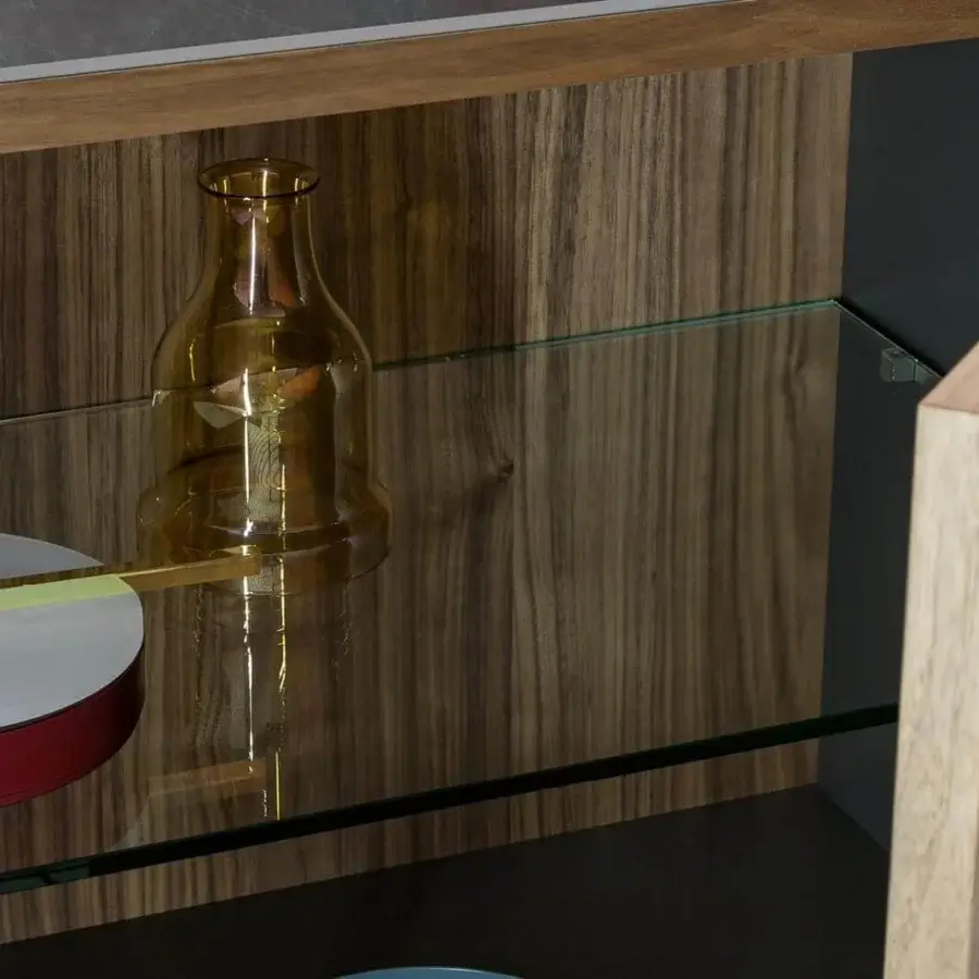 Elegant Bonaldo Outline sideboard crafted in canaletto walnut with a dark grey melamine interior and matching wood top