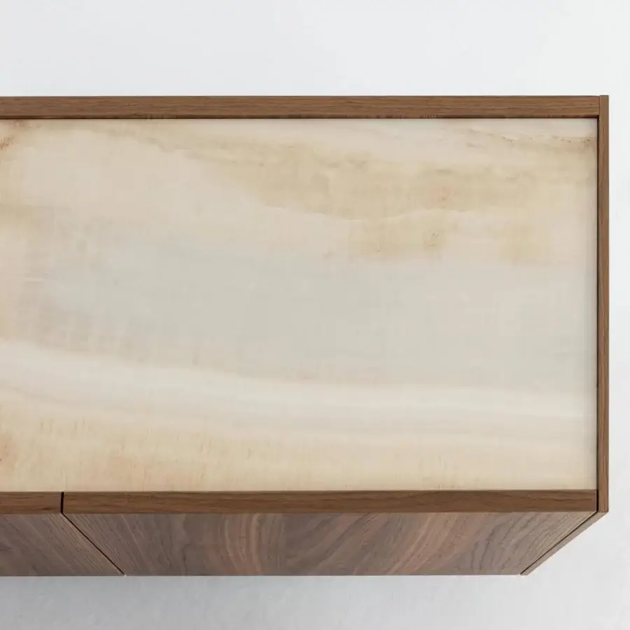 Elegant Bonaldo Outline sideboard crafted in canaletto walnut with creamy ceramic top and minimal feet