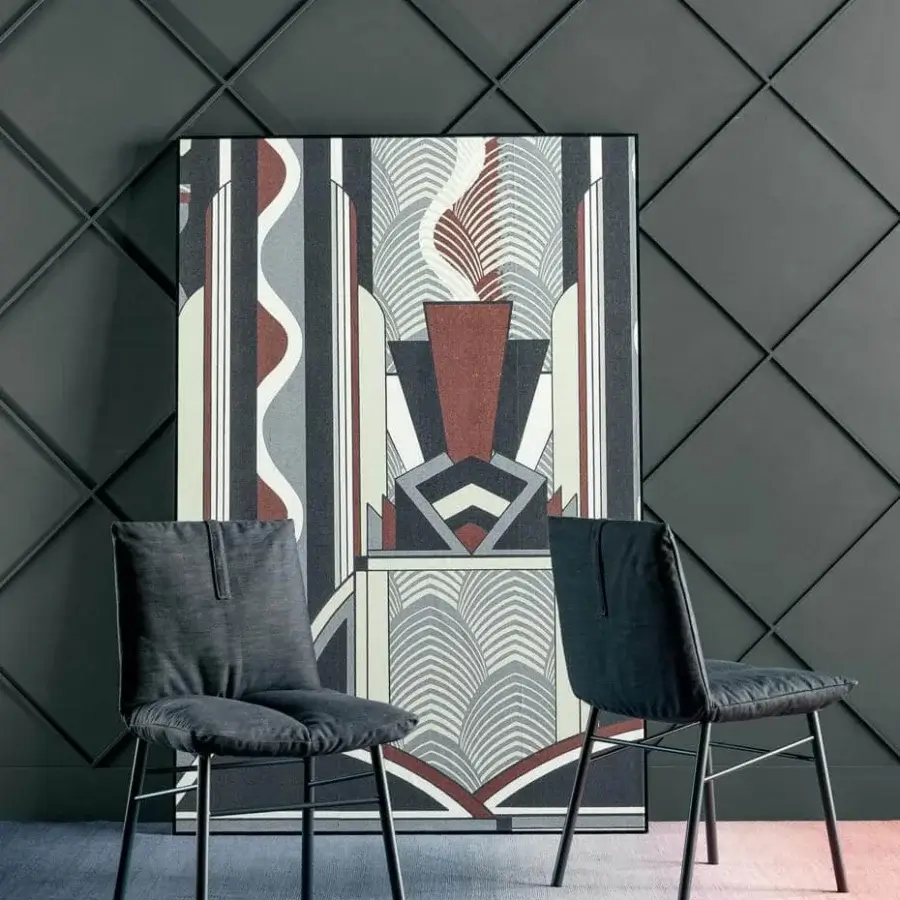 Exceptional Bonaldo Pil chair with dark gray textile upholstery and slender black metal legs