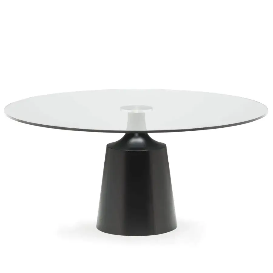 Clear circular surface on a metallic cylindrical support with a dark conical base and subtle gradient lighting