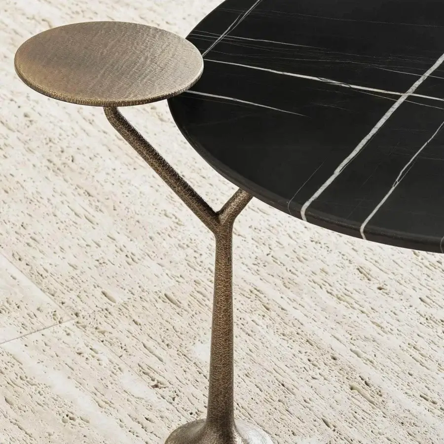 Distinguished Rugiano Bonsai coffee table with differing round surfaces in bronze and black marble-like material with hammered finish