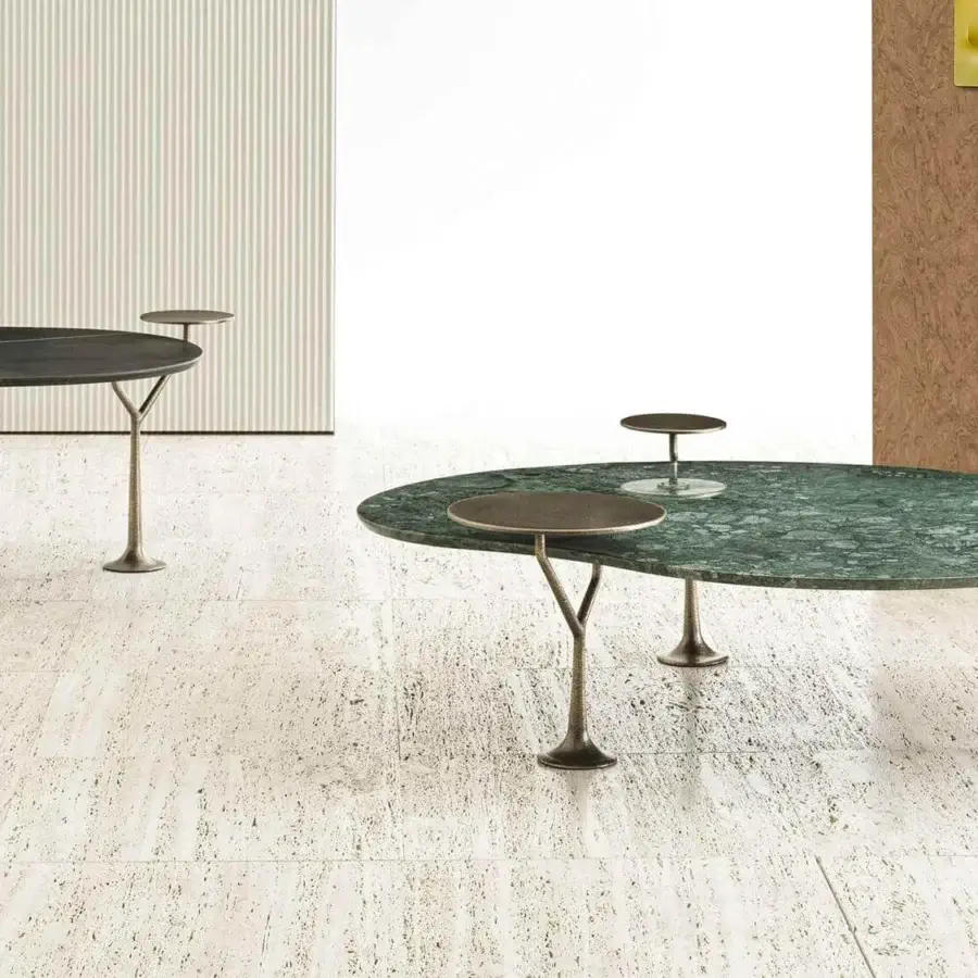 Exceptional Rugiano Bonsai coffee table with dual stone tops and hammered bronze base featuring a matte finish