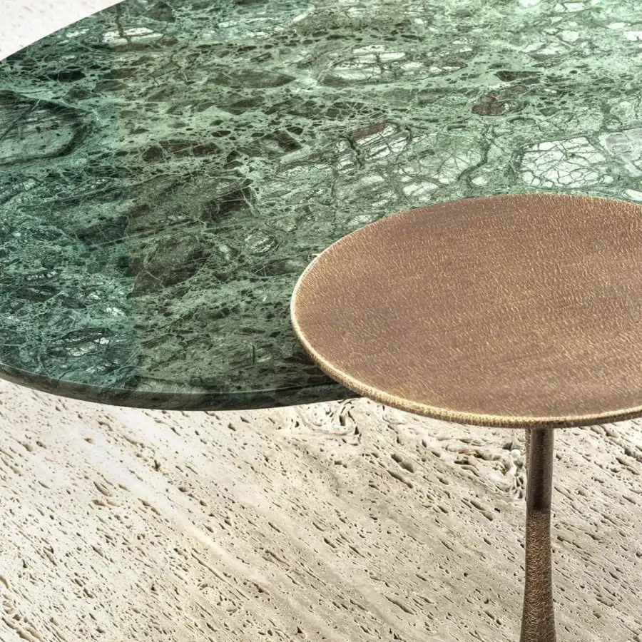 Distinguished Rugiano Bonsai coffee table with dual round tops in glossy, green veined material and textured matte bronze base