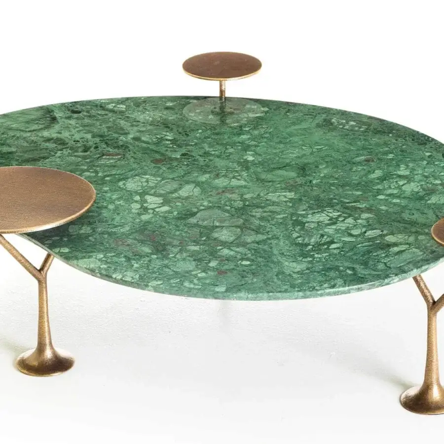Lavish Rugiano Bonsai coffee table with branching bronze base supporting emerald marble tops in hammered finish