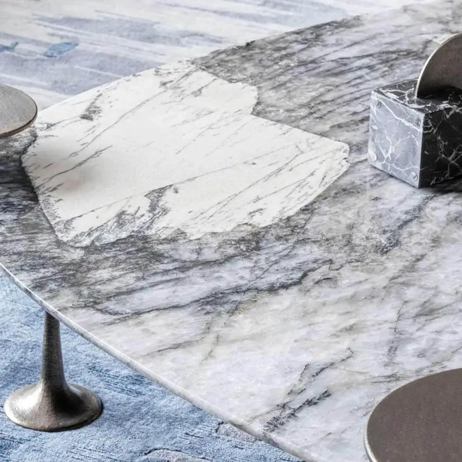 Distinguished Rugiano Bonsai coffee table with hammered bronze base and branching supports holding grey and white veined marble tops plus insert