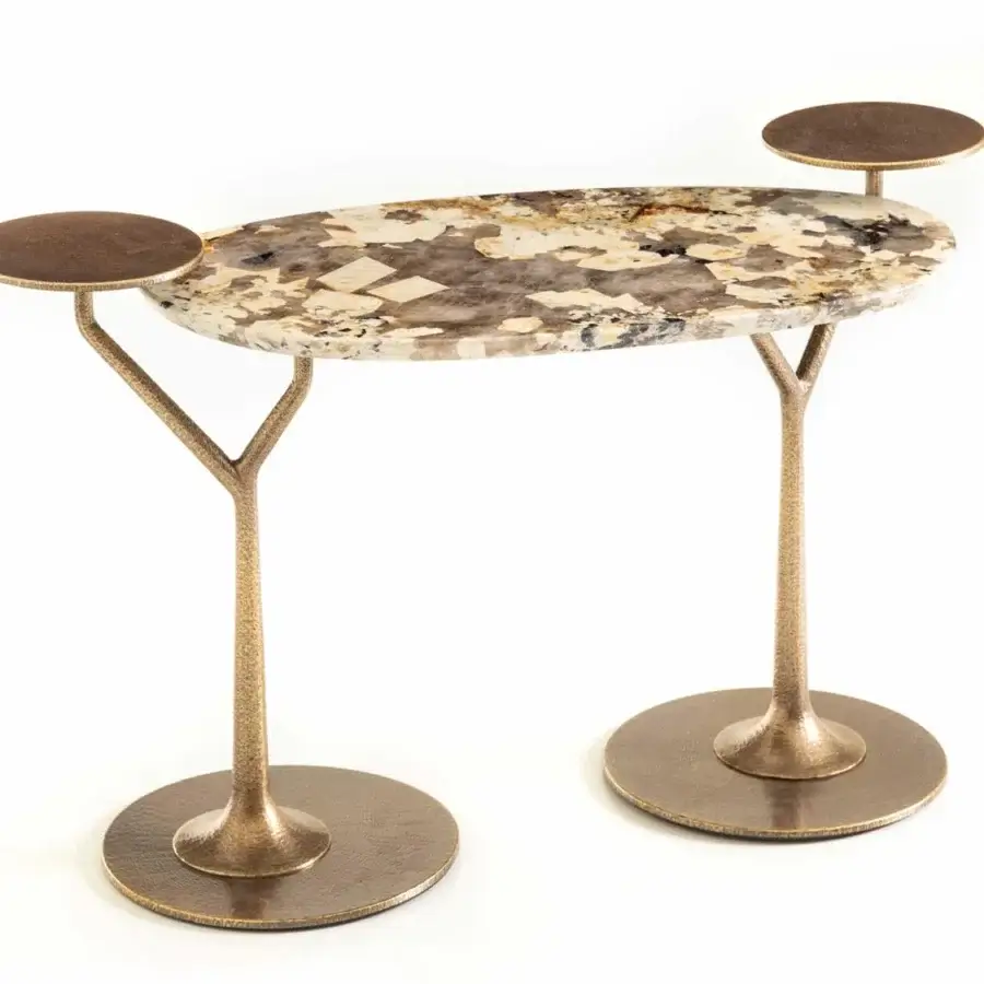Superior Rugiano Bonsai coffee table with sculpted bronze base and oval luxury marble displaying beige, brown, gray, and white hues