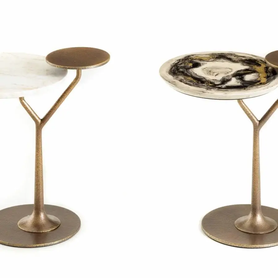 Distinguished Rugiano Bonsai side table in hammered bronze with a white marbled surface and smaller bronze support