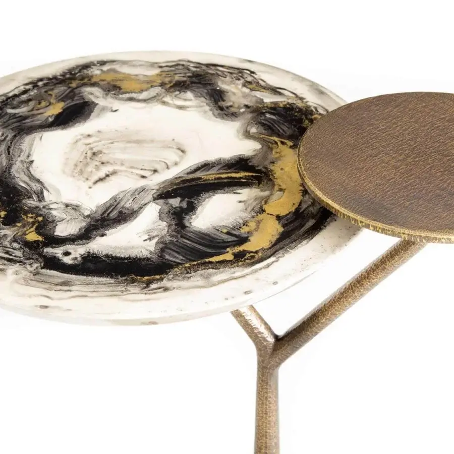 Exceptional Rugiano Bonsai side table in hammered bronze with swirling black, white and gold marble and textured finish