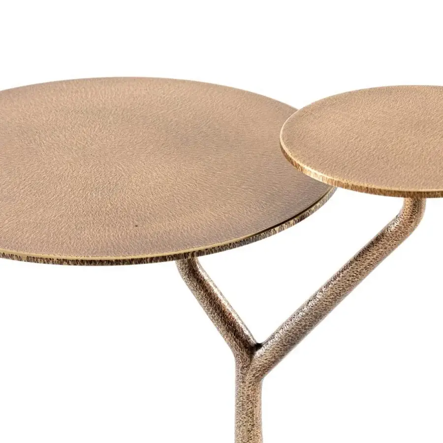 Distinguished Rugiano Bonsai side table crafted in hammered bronze with asymmetrical round tops and bronzed gold finish