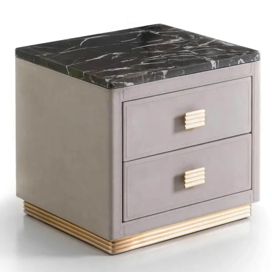 Superior Rugiano Rubik nightstand upholstered in gray textile with a marble top and golden brass details