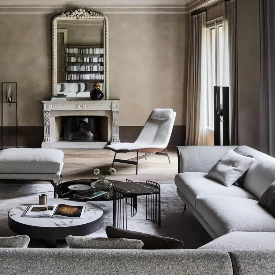 Superior Bonaldo Alpilles chaise lounge with light gray woven fabric upholstery and dark brown painted metal base