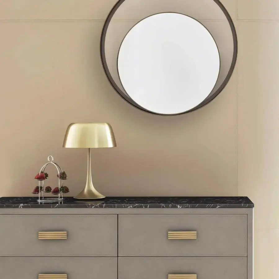 Exceptional Rugiano Rubik dresser with muted gray leather upholstery, brass details and a swirling marble top crafted in Italy