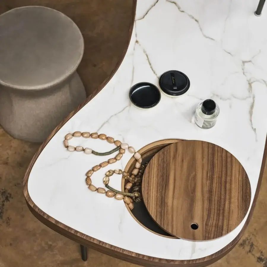 Elegant Bonaldo Venus vanity with white ceramic top displaying grey veining and a metal structure built with wood trim