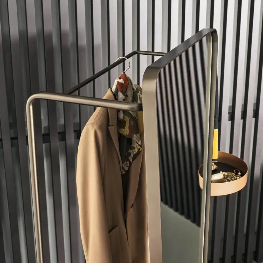 Superior Bonaldo Camillo valet stand with mirror, built in bronze toned metal with a matte finish and light tan tray