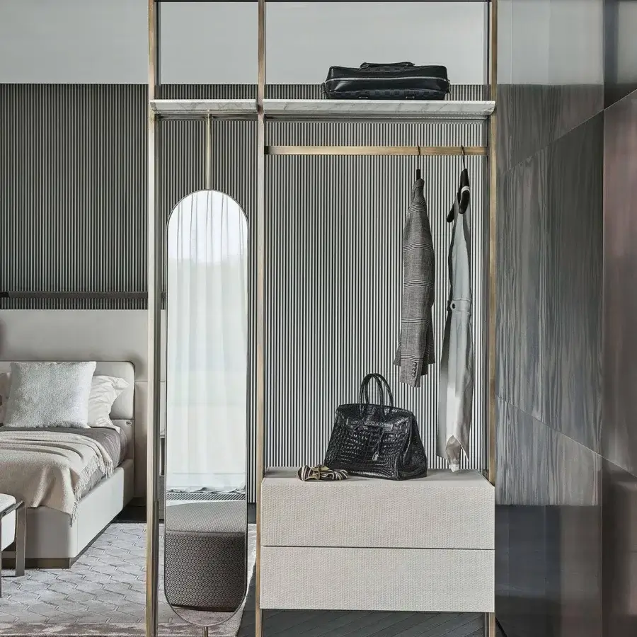 Exceptional Rugiano Matisse clothes rack with woven textile drawers, a marble shelf and slender mirror in bronze finish