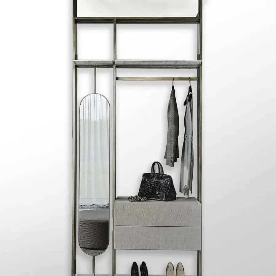 Superior Rugiano Matisse clothes rack with a bronze metal structure, revolving mirror, and drawers in embroidered leathers with matching shelving