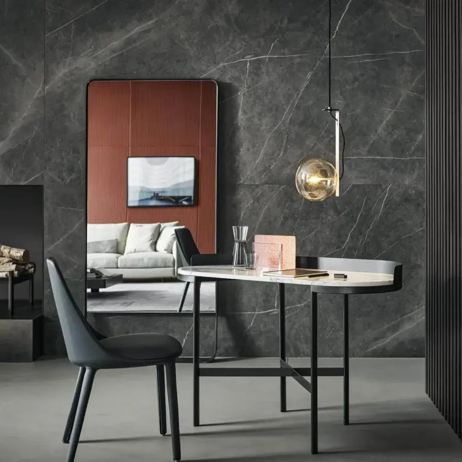Harmonious Bonaldo Asia desk with organically shaped ceramic top and sleek black metal structure crafted in Italy