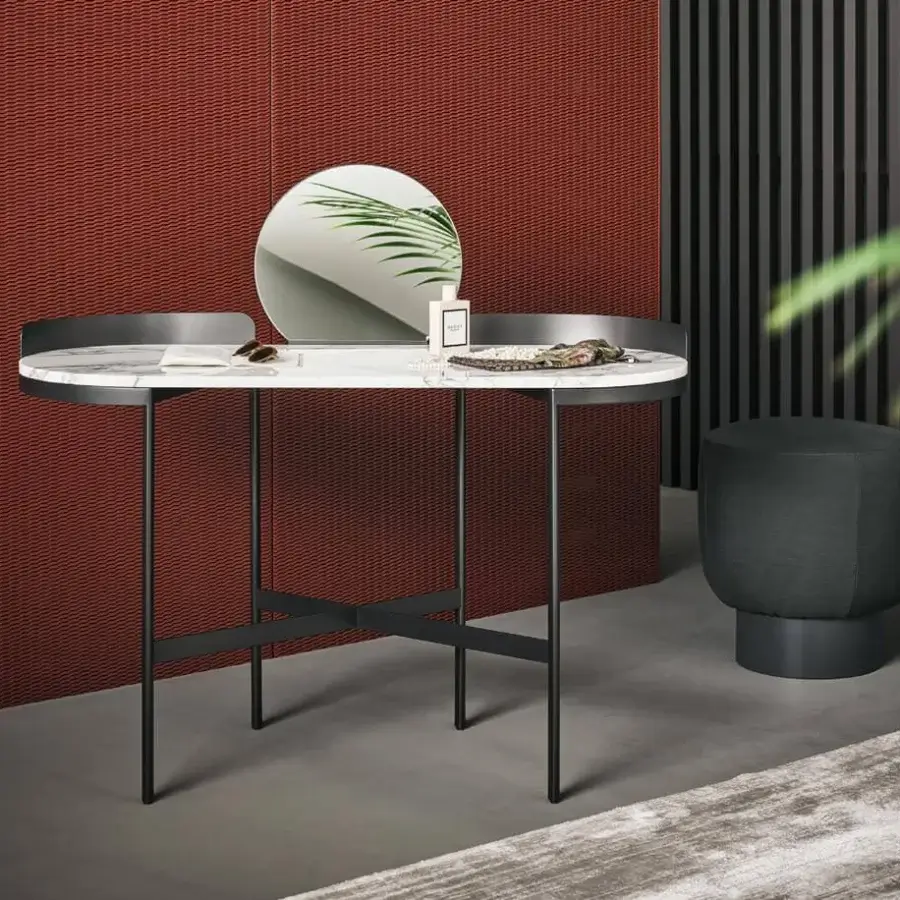 Superior Bonaldo Asia vanity with oval tabletop crafted from white marble and dark toned metal structure